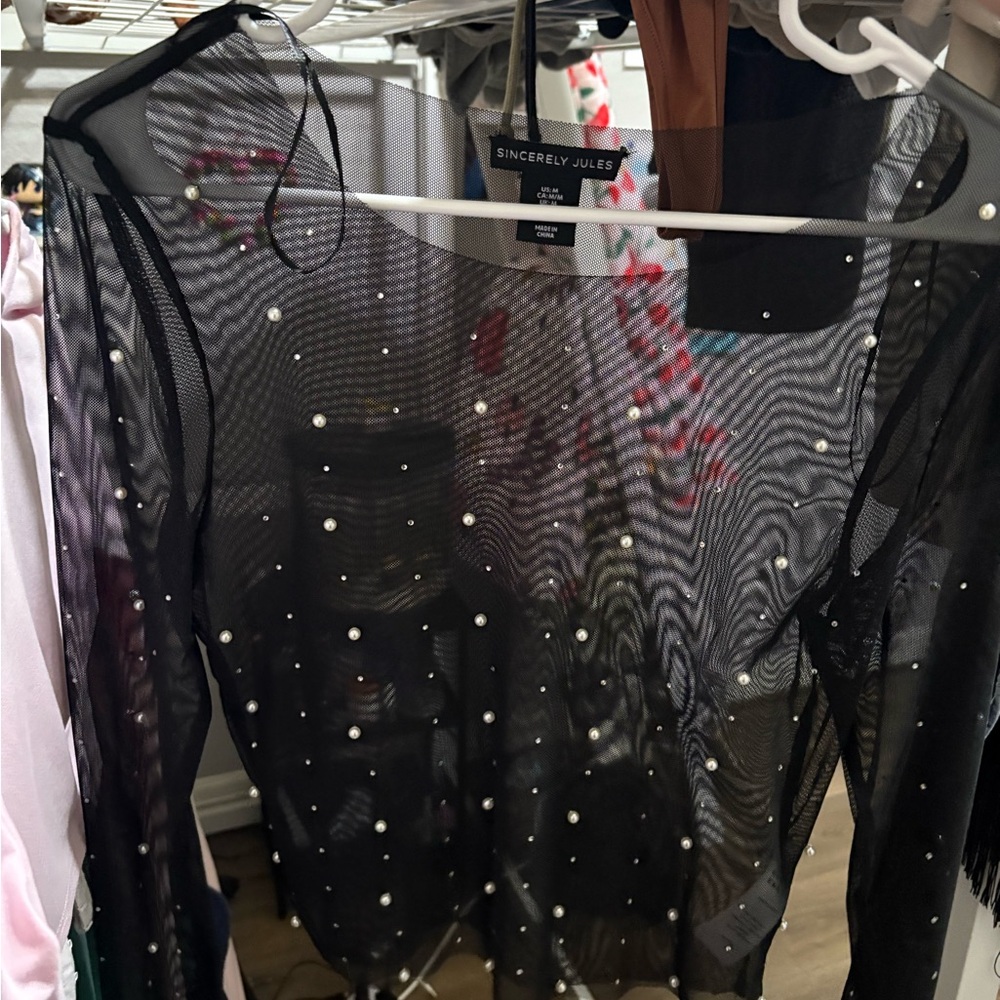 Sincerely Jules Black Mesh Top with Pearl Accents